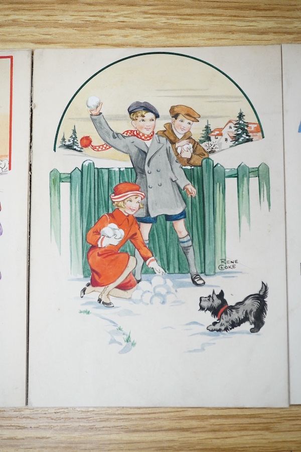 Rene Cloke (1904-1995), set of three original 1930's watercolours on card, Childrens' Christmas card designs, each signed, 14 x 10cm, unframed. Condition - fair to good